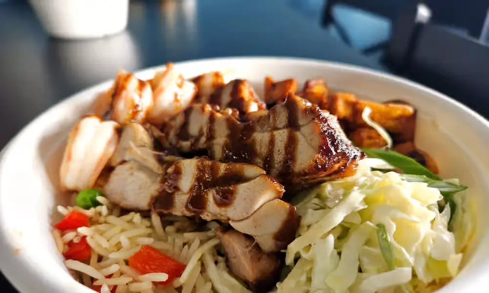 Tropical Bliss Rice Bowl with grilled chicken, shrimp and plantain - Global Pot Fusion Cuisine Winnipeg